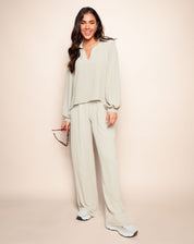 JULIE dames pantalon beige – wide leg broek met elastische taille