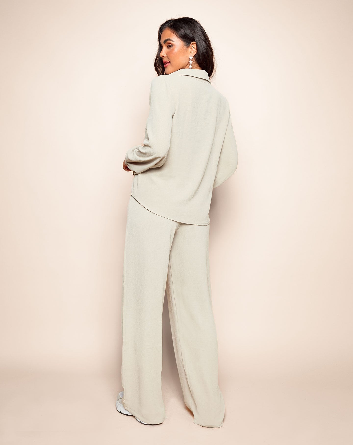 JULIE dames pantalon beige – wide leg broek met elastische taille