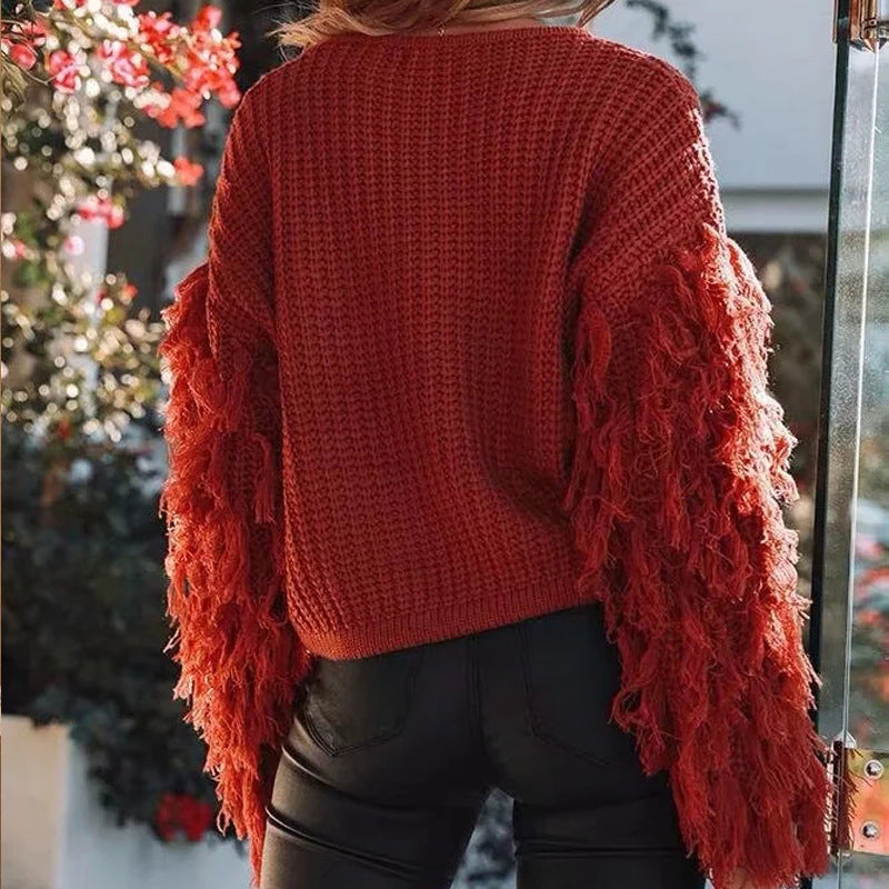 Dames sweatshirt – chunky knit met franje mouwen & relaxed fit