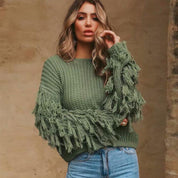 Dames sweatshirt – chunky knit met franje mouwen & relaxed fit