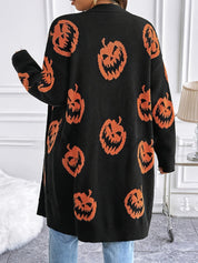 Halloween Cardigan Dames – Lange Gebreide Vest met Pompoenpatroon