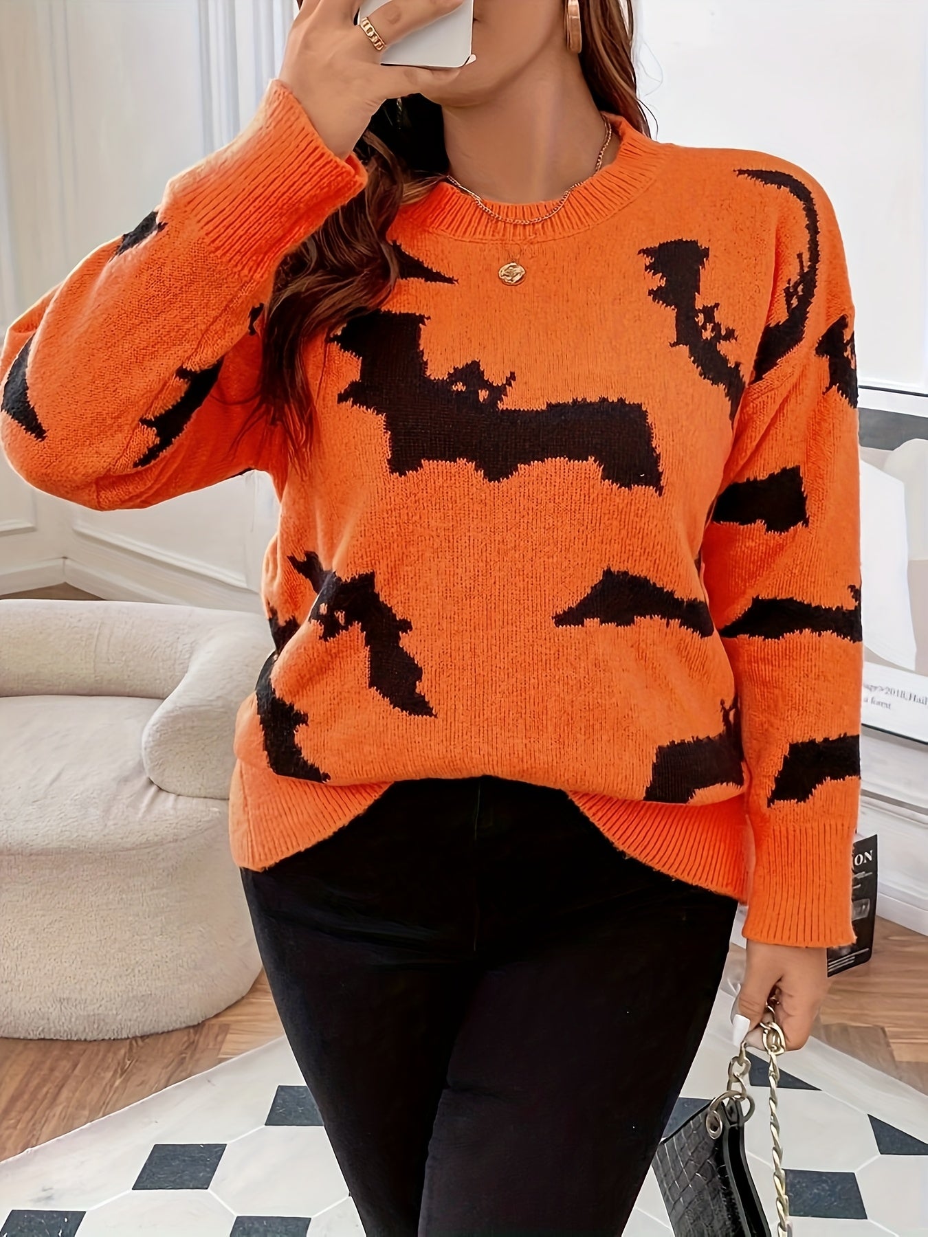 Halloween Trui Dames – Gebreide Warme Trui met Vleermuismotief