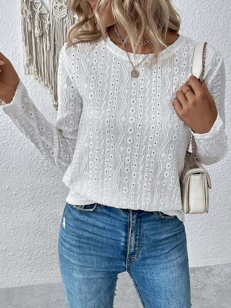 Elegante Kanten Damesblouse – Blouse met Broderie, Lange Mouwen en Luxe Details
