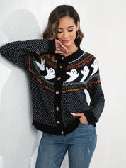 Lang Gebreid Vest Dames – Halloween Vest met Knopen en Spookjesprint