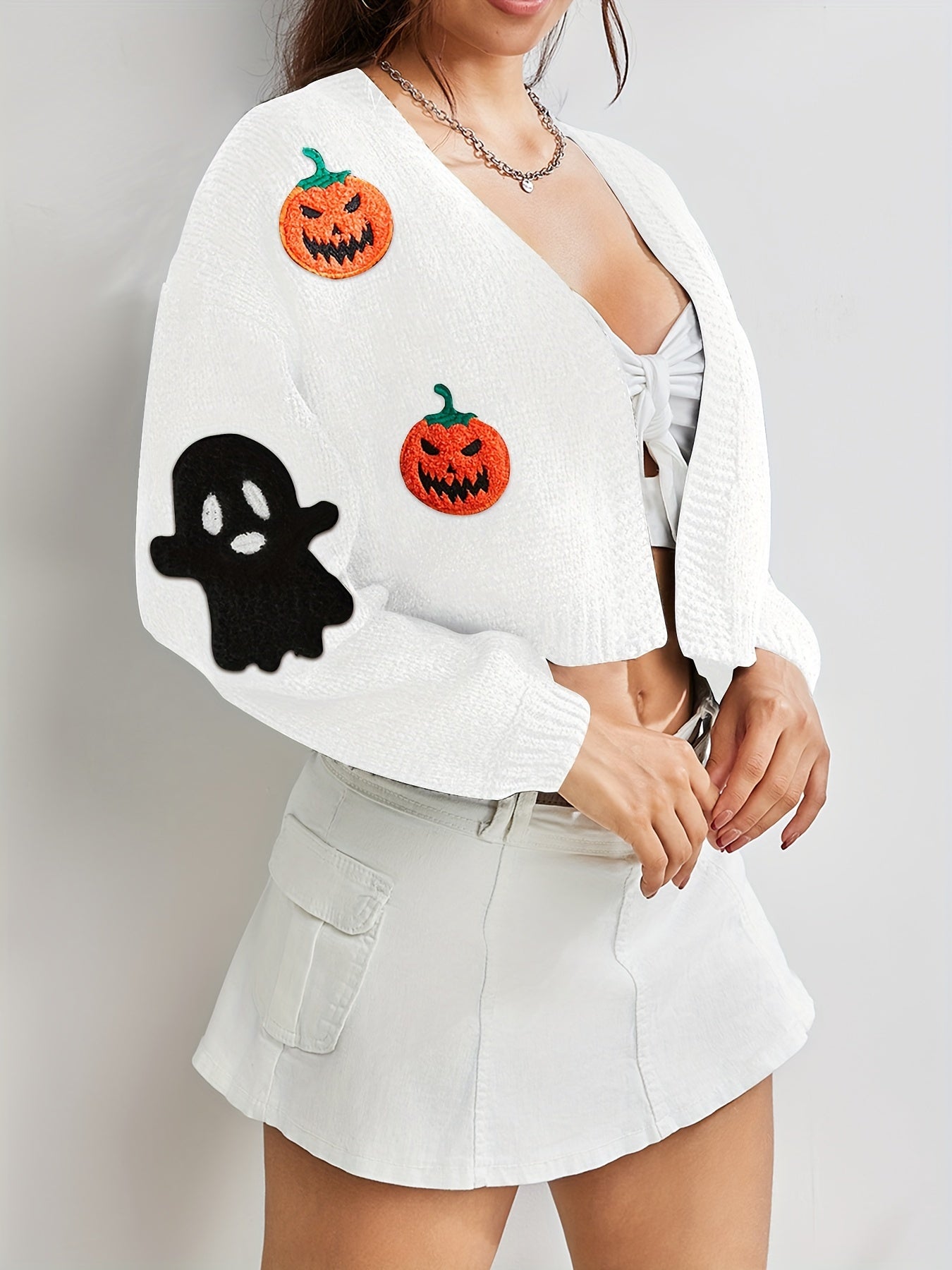 Halloween Vest Dames – Gebreid V-Hals Vest met Geborduurde Motieven
