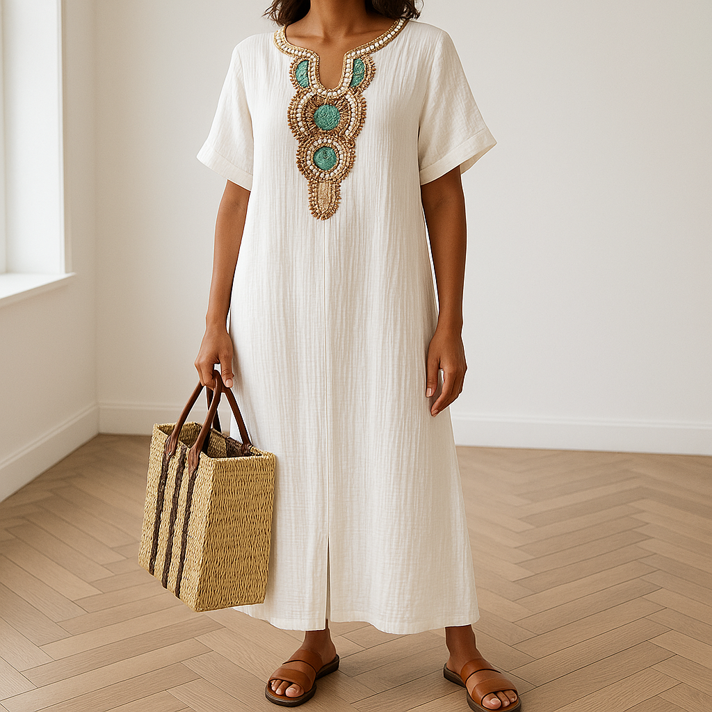 Eshun dames maxi-jurk | Comfortabele kaftan jurk met split | Katoen-linnen mix