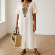 Eshun dames maxi-jurk | Comfortabele kaftan jurk met split | Katoen-linnen mix