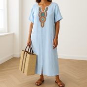Eshun dames maxi-jurk | Comfortabele kaftan jurk met split | Katoen-linnen mix