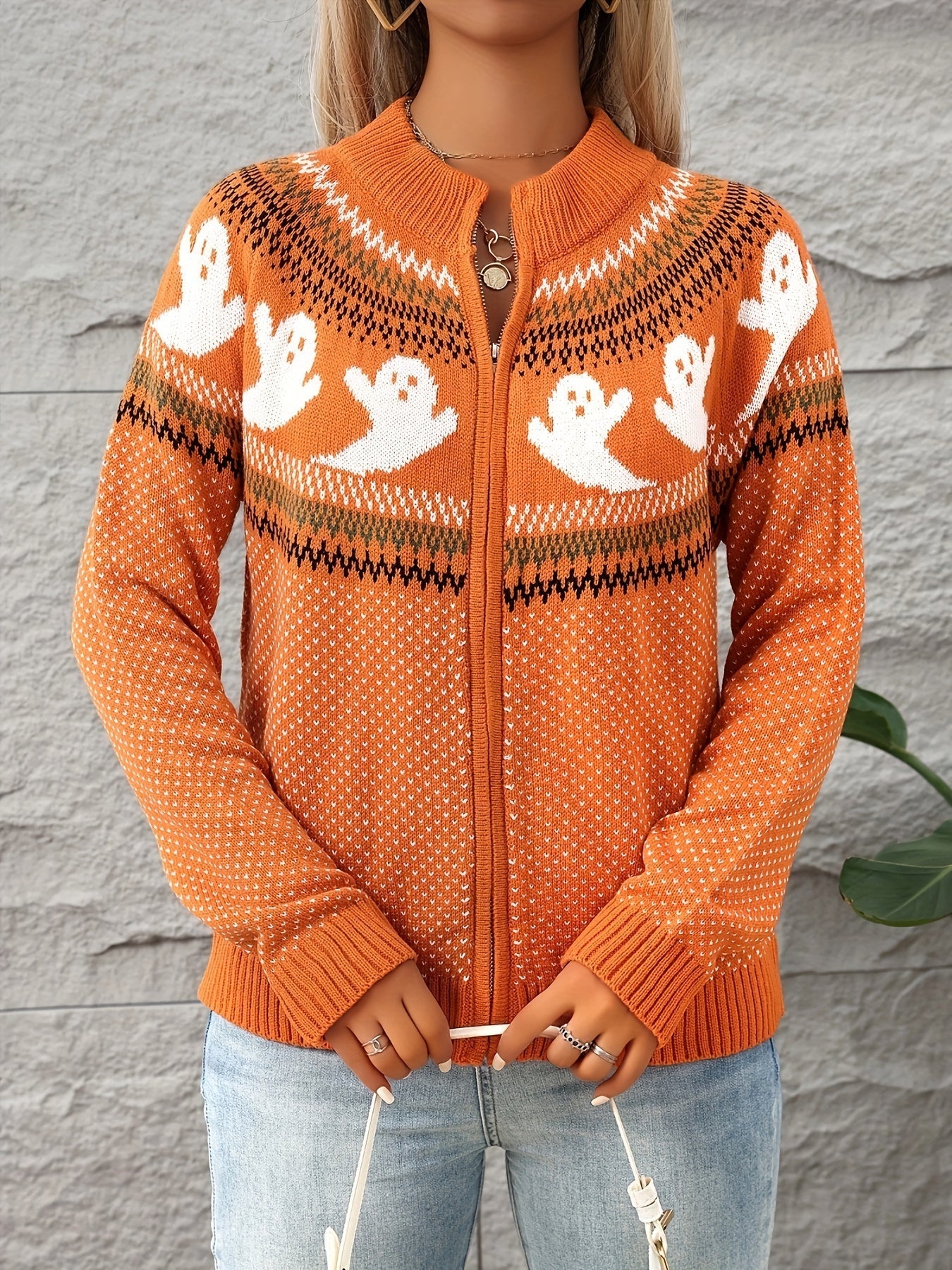 Halloween Vest Dames – Gebreid Vest met Rits & Spookjesprint