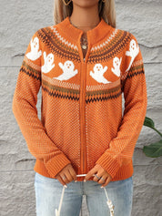 Halloween Vest Dames – Gebreid Vest met Rits & Spookjesprint