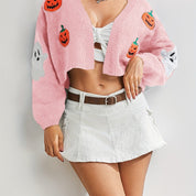 Halloween Vest Dames – Gebreid V-Hals Vest met Geborduurde Motieven