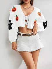 Halloween Vest Dames – Gebreid V-Hals Vest met Geborduurde Motieven