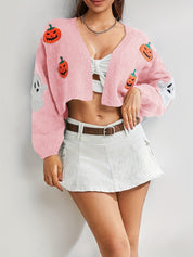 Halloween Vest Dames – Gebreid V-Hals Vest met Geborduurde Motieven