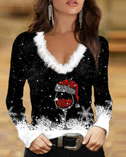 Mirelle kersttrui dames – V-hals trui met wijnglas print & fluffy kraag