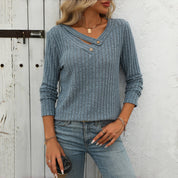 Effen Casual Damesblouse – V-Hals Blouse met Knoopdetails en Lange Mouwen
