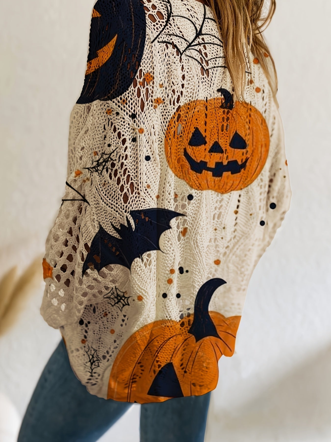 Halloween Top Dames – Off-Shoulder Gebreide Top met Pompoenprint