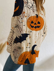 Halloween Top Dames – Off-Shoulder Gebreide Top met Pompoenprint