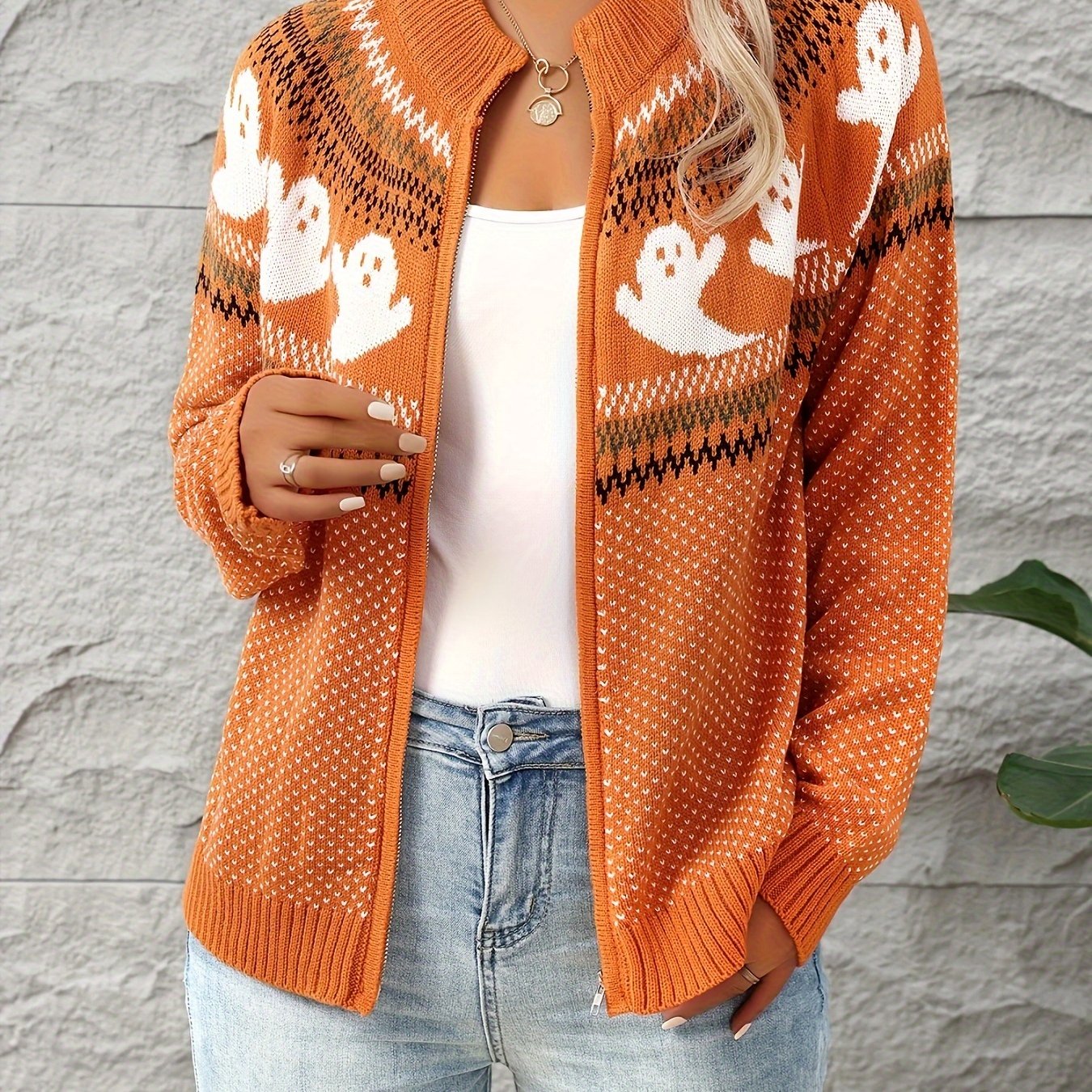 Halloween Vest Dames – Gebreid Vest met Rits & Spookjesprint