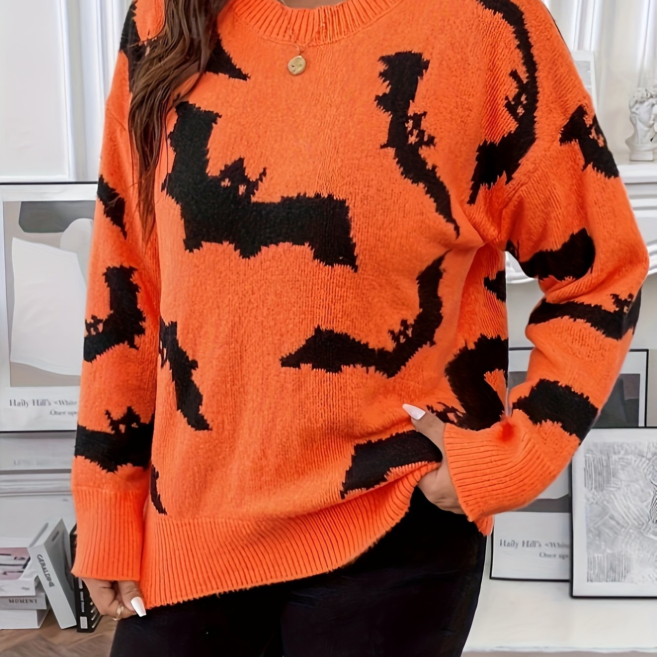 Halloween Trui Dames – Gebreide Warme Trui met Vleermuismotief