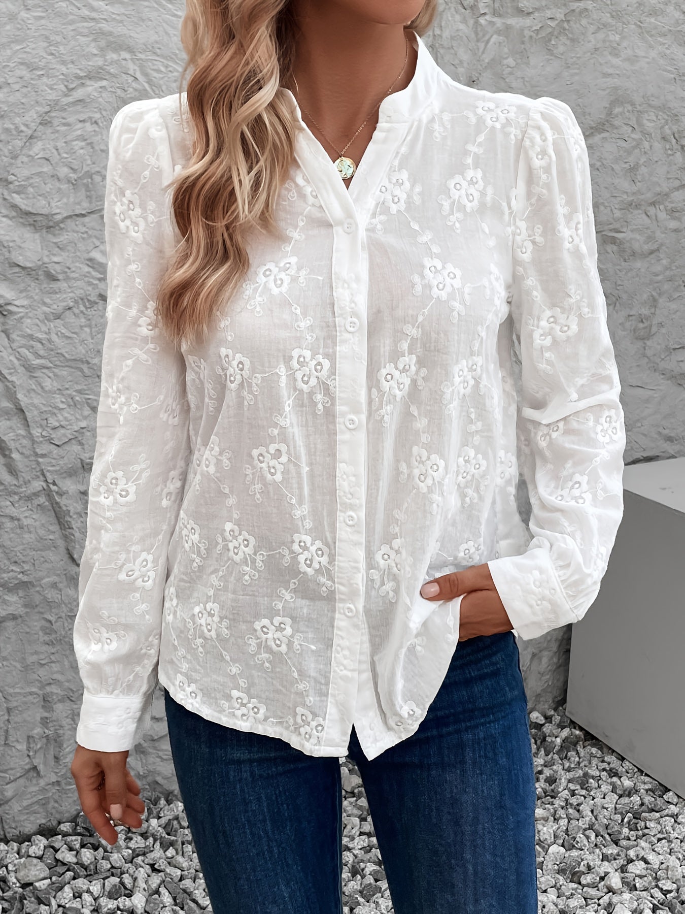 Kanten Geborduurde Blouse Dames – Elegante Lange Mouwen Blouse van Katoen