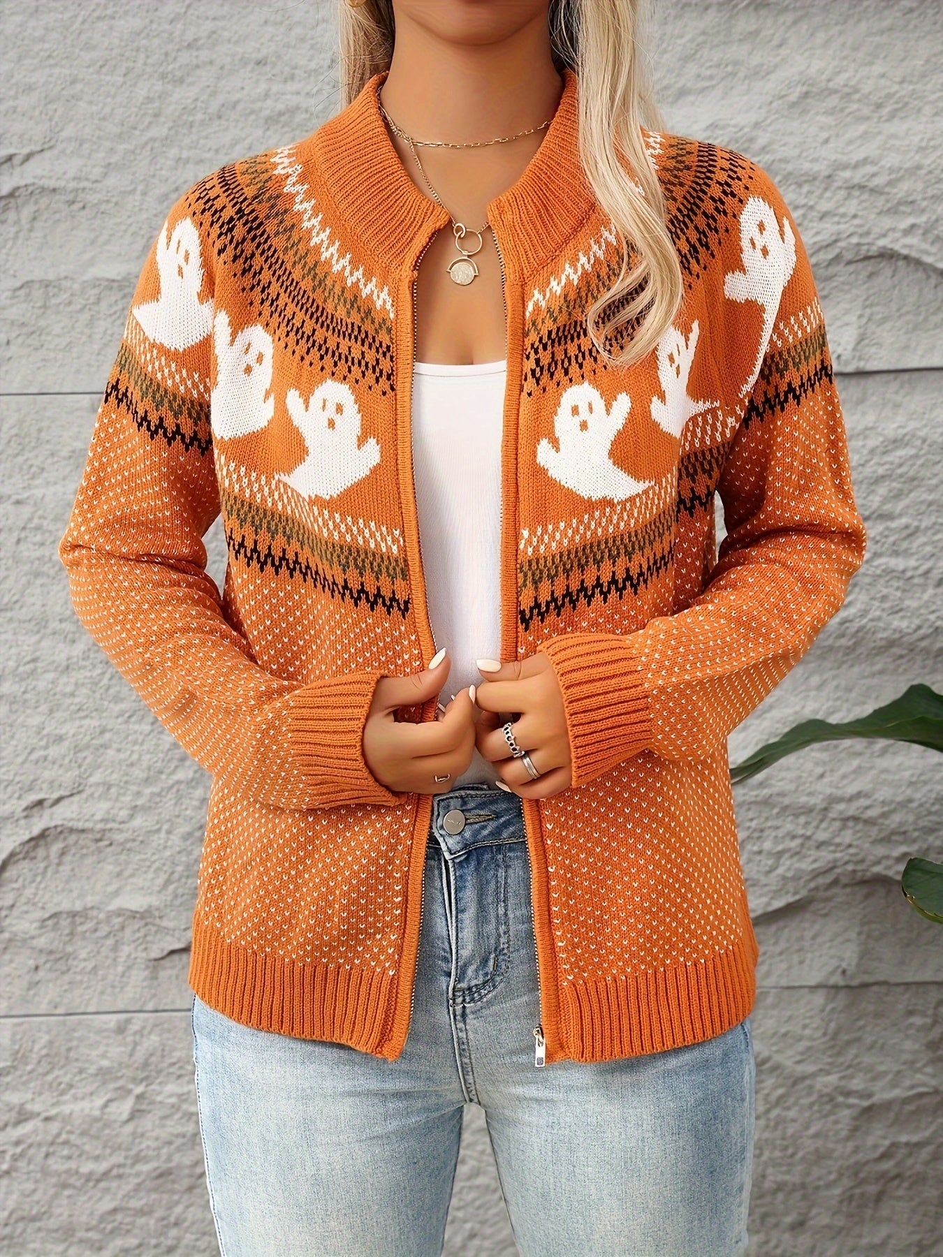 Halloween Vest Dames – Gebreid Vest met Rits & Spookjesprint