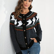 Lang Gebreid Vest Dames – Halloween Vest met Knopen en Spookjesprint