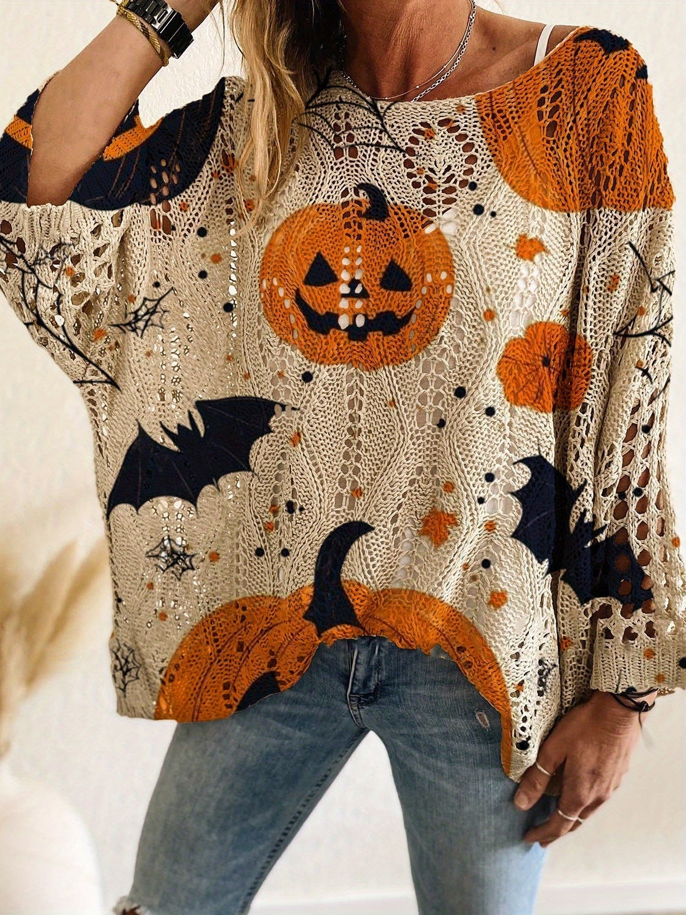 Halloween Top Dames – Off-Shoulder Gebreide Top met Pompoenprint