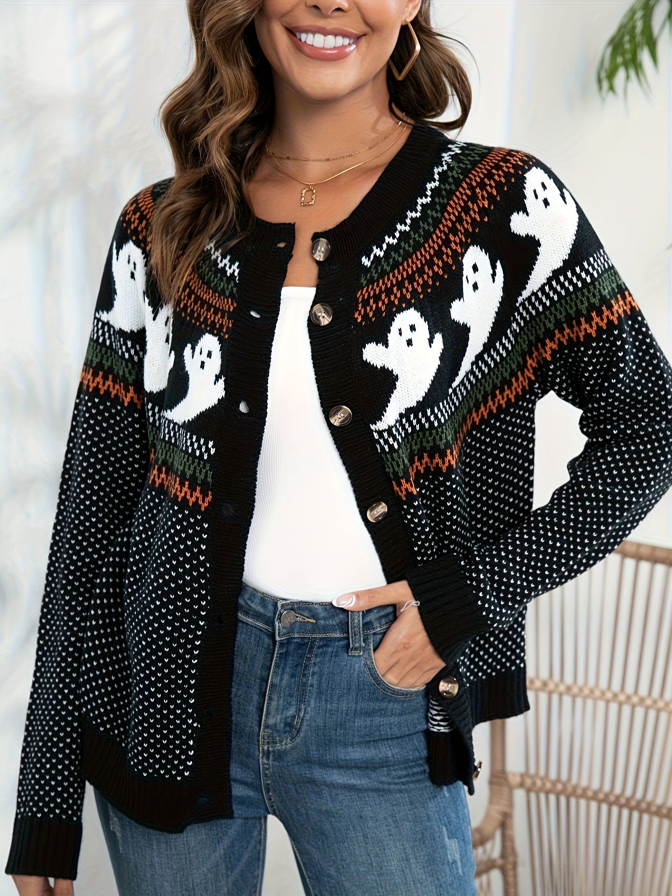 Lang Gebreid Vest Dames – Halloween Vest met Knopen en Spookjesprint