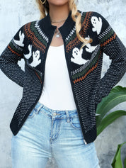 Halloween Vest Dames – Gebreid Vest met Rits & Spookjesprint