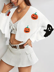 Halloween Vest Dames – Gebreid V-Hals Vest met Geborduurde Motieven