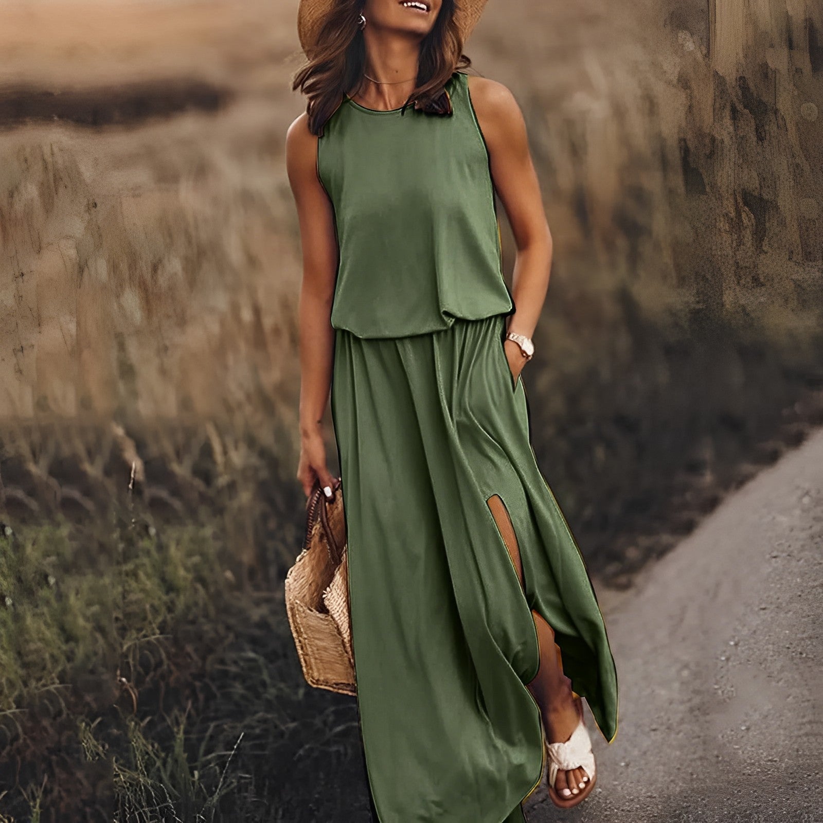 Witte boho maxi avondjurk dames – mouwloos lang kleed met split