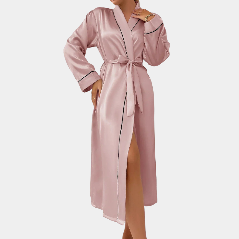 Gleame satijnen badjas dames – elegante kamerjas met V-hals & ceintuur