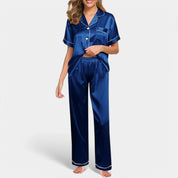 Gleame satijnen pyjamaset dames – luxe zijden look met elegante bies
