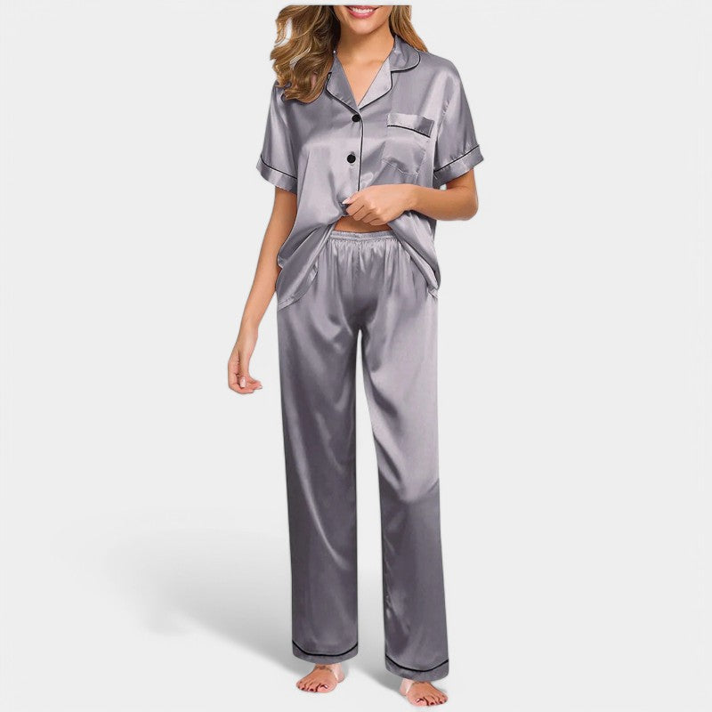 Gleame satijnen pyjamaset dames – luxe zijden look met elegante bies