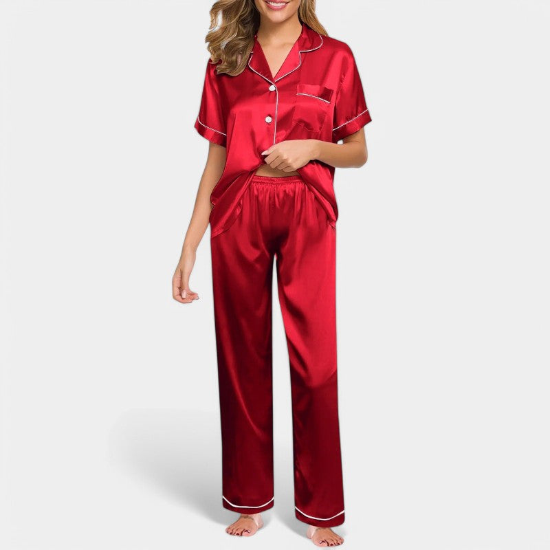 Gleame satijnen pyjamaset dames – luxe zijden look met elegante bies