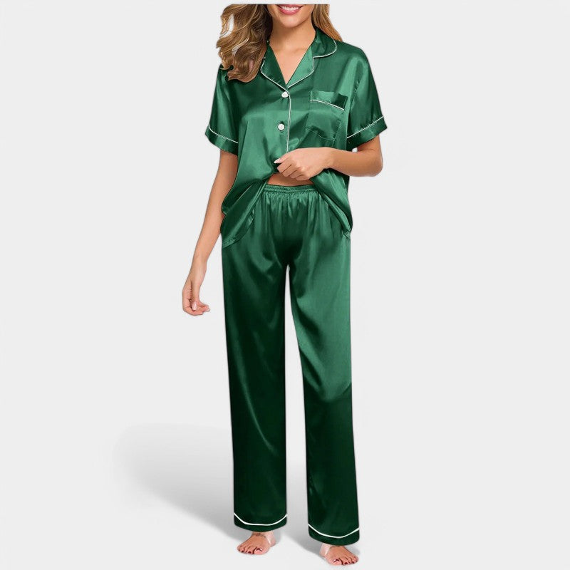 Gleame satijnen pyjamaset dames – luxe zijden look met elegante bies