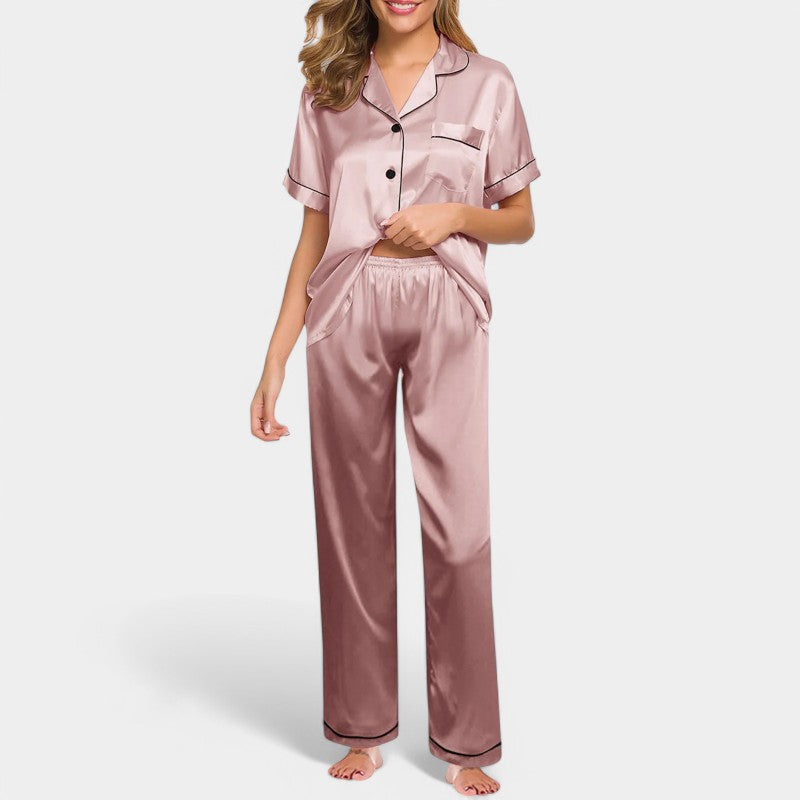 Gleame satijnen pyjamaset dames – luxe zijden look met elegante bies
