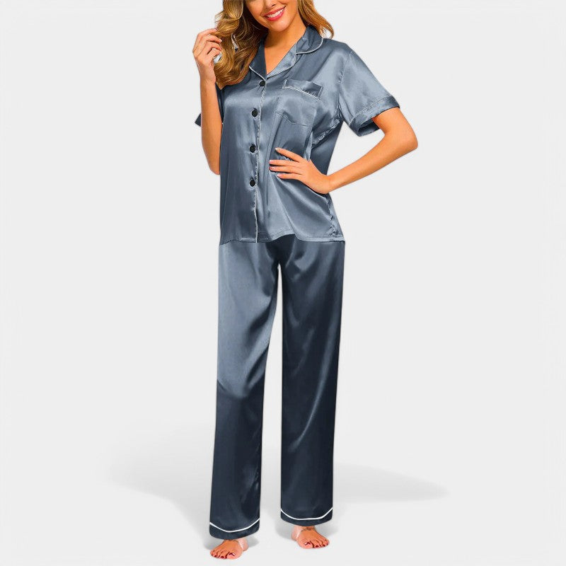 Gleame satijnen pyjamaset dames – luxe zijden look met elegante bies