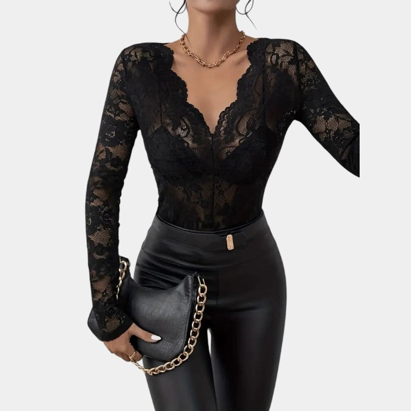 Gleame kanten top dames – elegante V-hals met lange mouwen