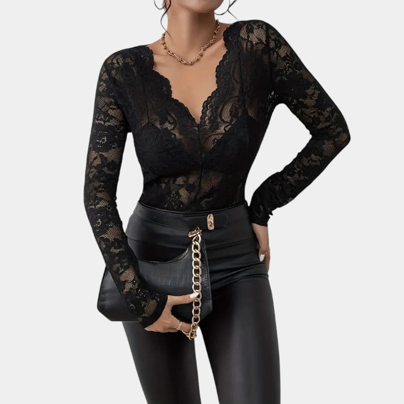 Gleame kanten top dames – elegante V-hals met lange mouwen