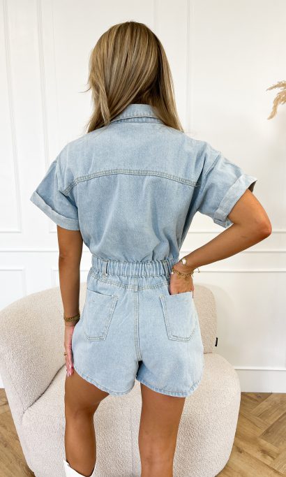 Korte Denim Jumpsuit Dames – Casual Playsuit met Knopen en Blouselook | Floortje