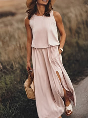 Witte boho maxi avondjurk dames – mouwloos lang kleed met split
