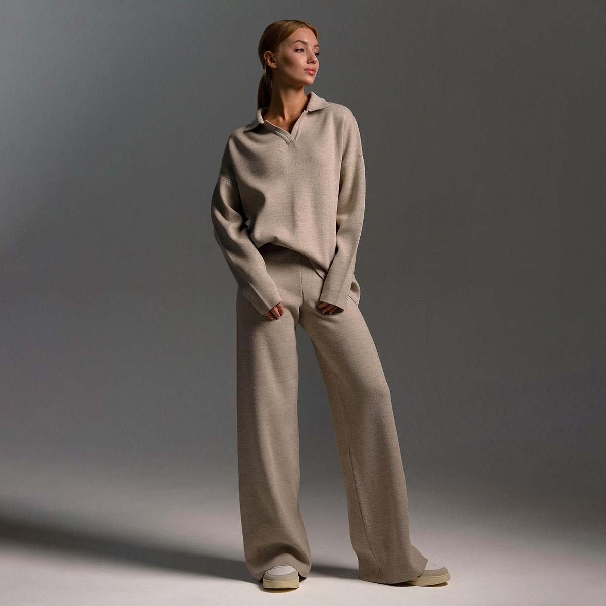 Dames Loungewear Set – Gebreide Tweedelige Set met Oversized Trui, Kraag & Wijde Broek
