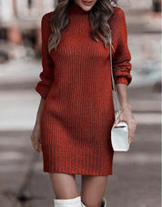 Heidi dames gebreide jurk – stijlvol rib breisel met hoge kraag en aangesloten pasvorm