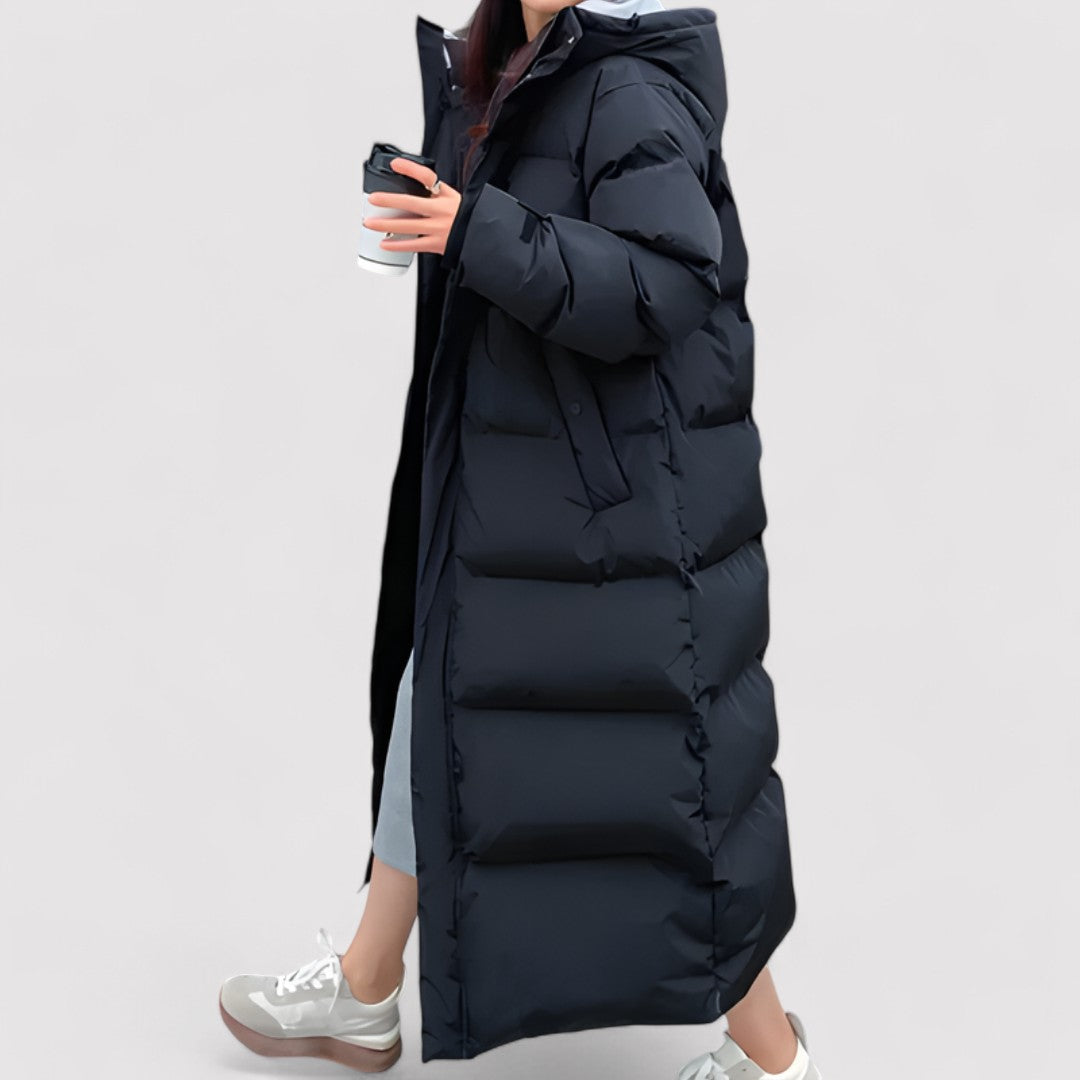 Lange zwarte dames winterjas – waterdichte gewatteerde puffer parka met capuchon