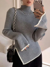 Herfsttrui met Uitlopende Mouwen Dames – Elegante Gebreide Trui met Halfhoge Kraag