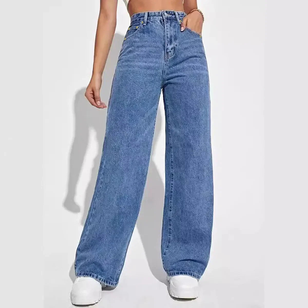 High waist wide leg jeans dames – minimalistische straight fit spijkerbroek