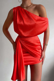 Fleur Elegante Mini Jurk – Satijnen One Shoulder Jurk met Overslag
