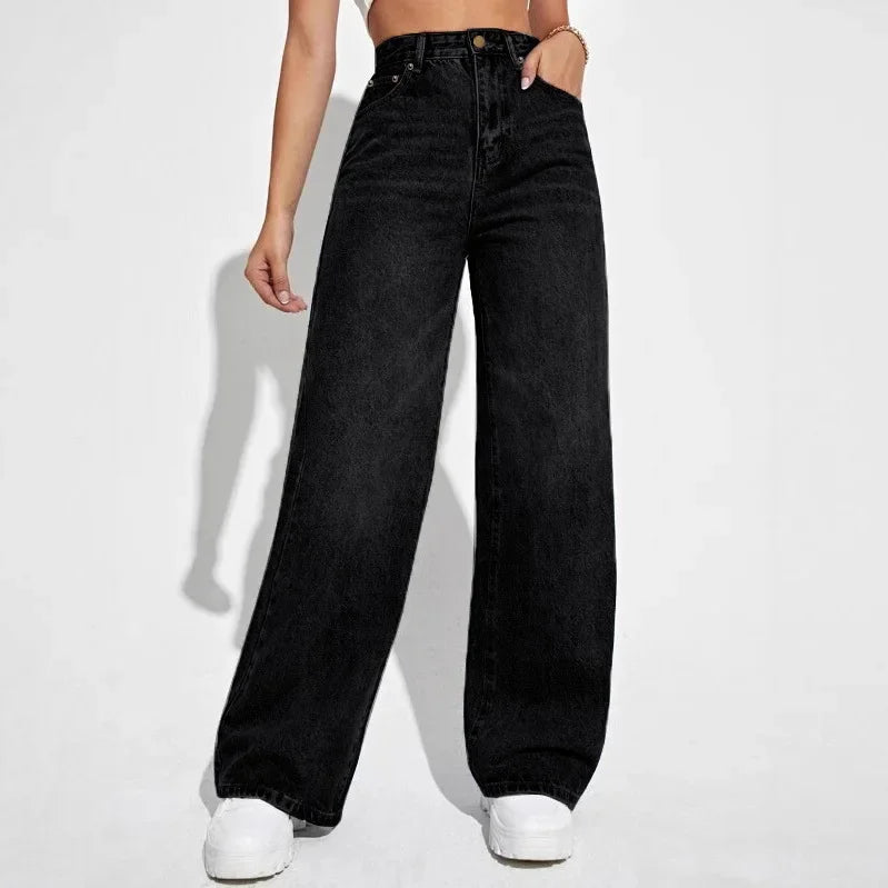High waist wide leg jeans dames – minimalistische straight fit spijkerbroek