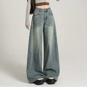 Grijze wide leg jeans dames – high waist spijkerbroek met stoere washed look